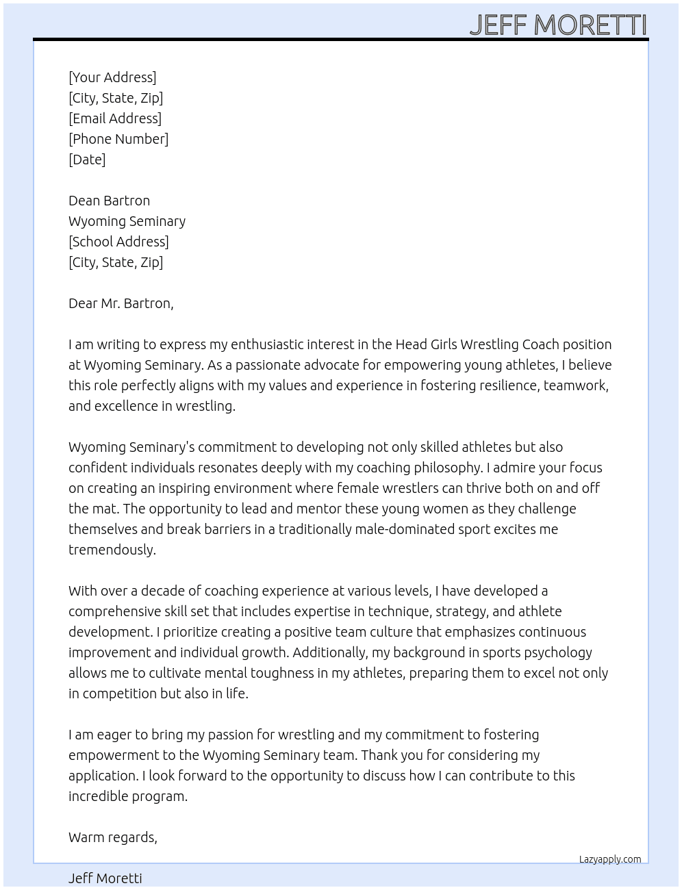 Head Girls Wrestling Coach At Wyoming Seminary Cover Letter