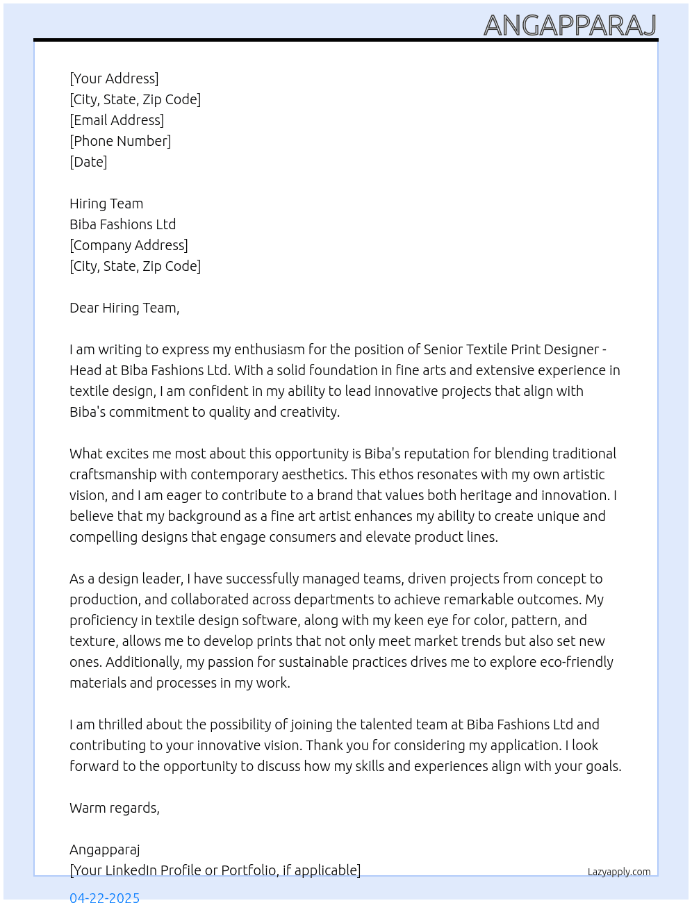 artistic -Senior textile print designer - Head At biba fashions ltd Cover Letter