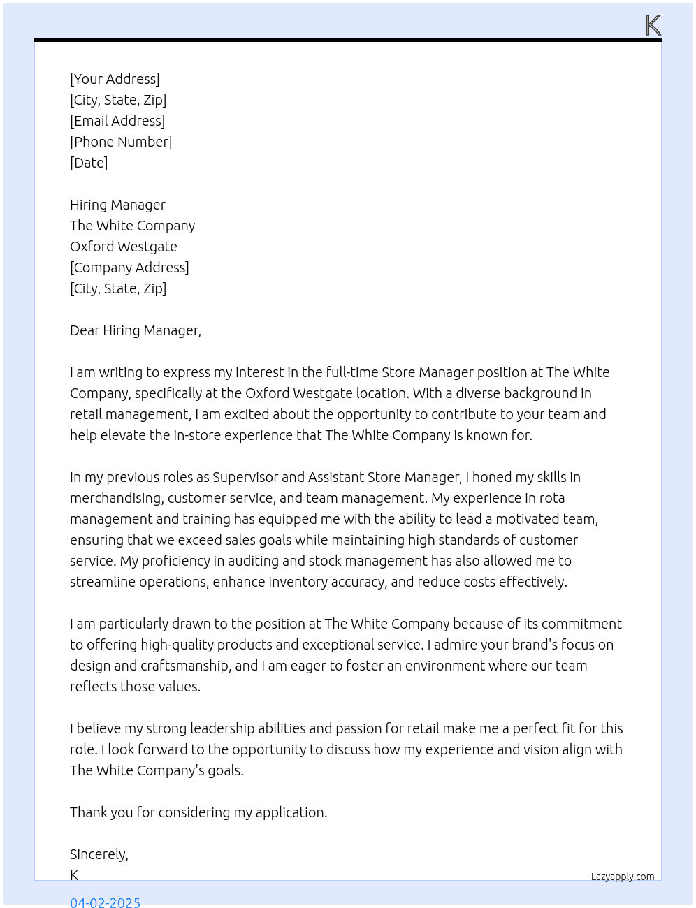 Store manager  At The white company Cover Letter