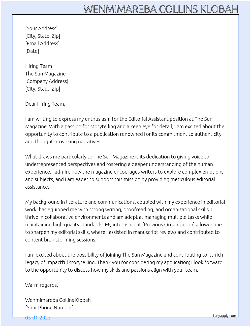 Editorial Assistant At The Sun Magazine Cover Letter
