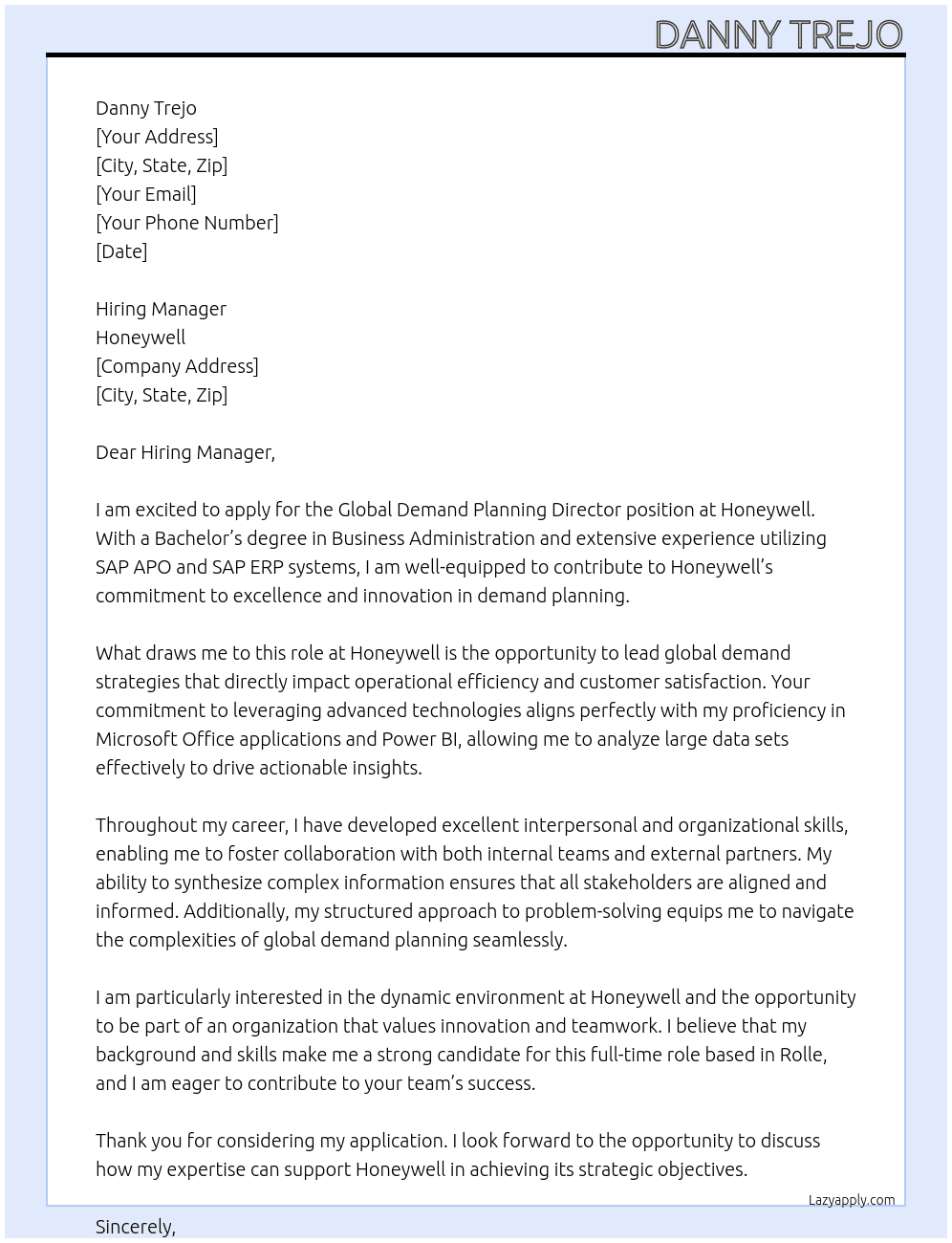 Global Demand Planning Director At Honeywell Cover Letter