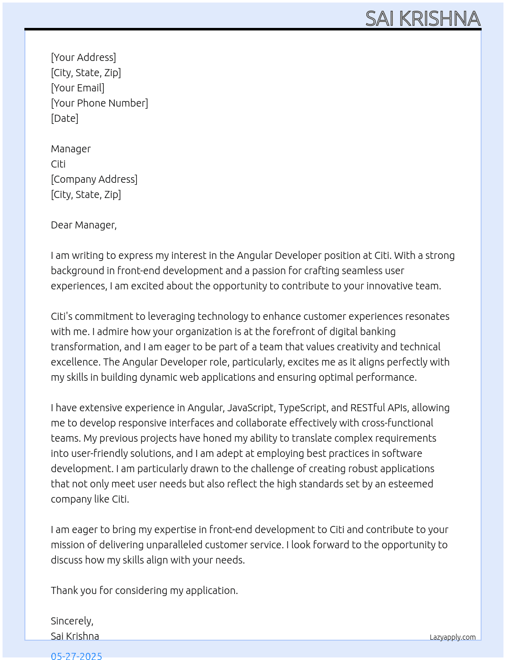Angular Developer At citi Cover Letter