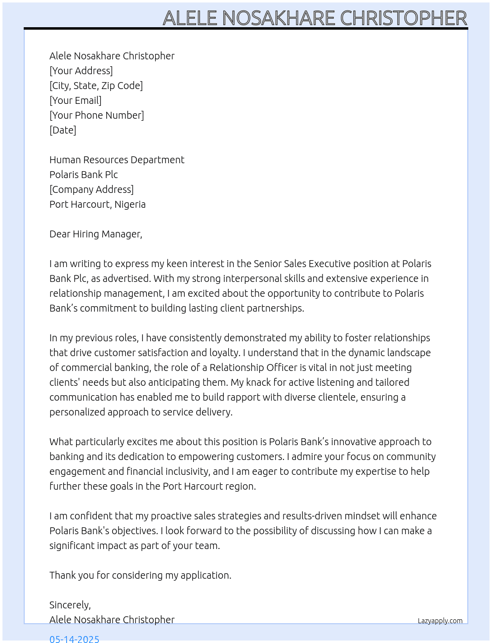 Senior Sales Executive  At Polaris Bank Plc Cover Letter