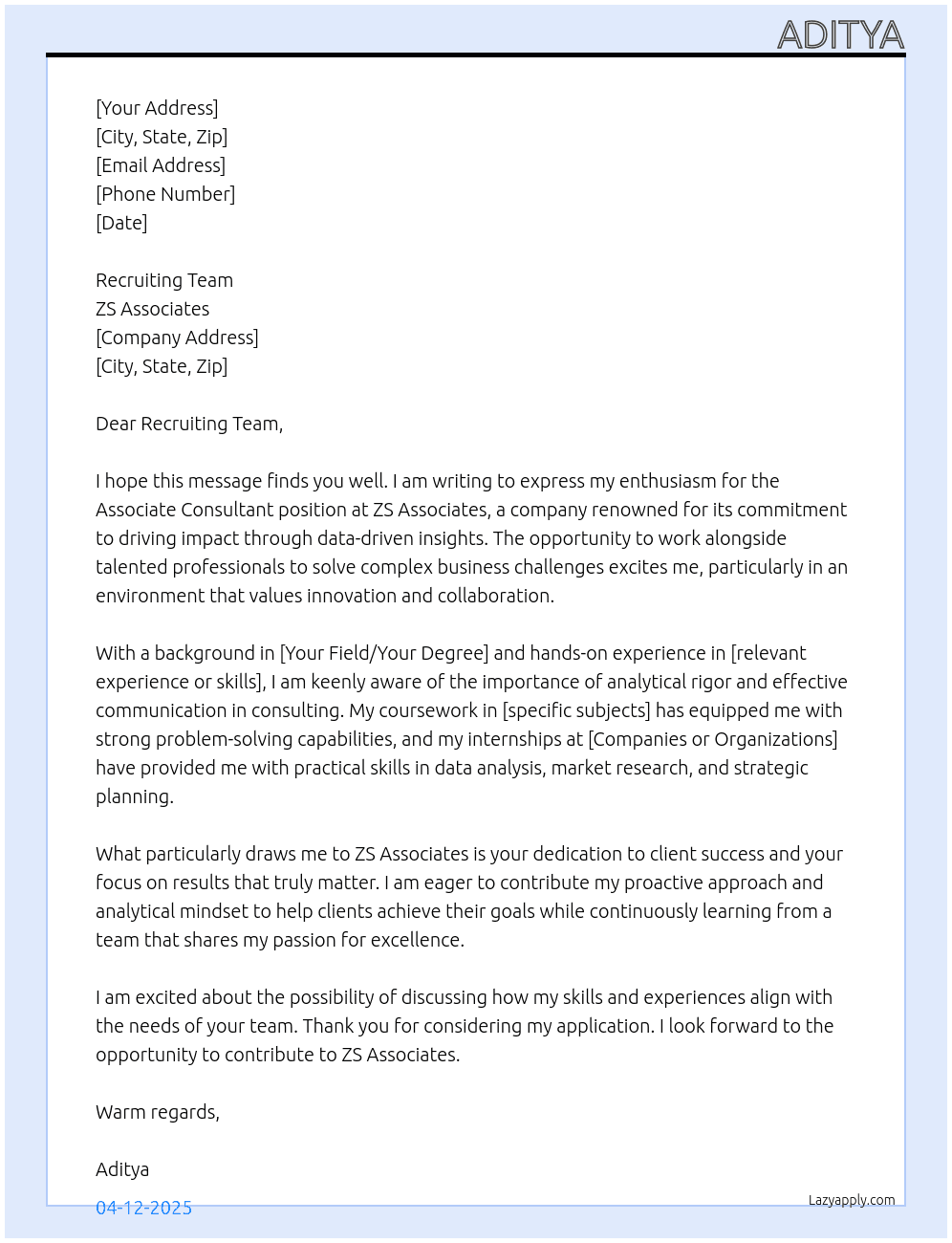 Associate consultant At ZS Associates Cover Letter