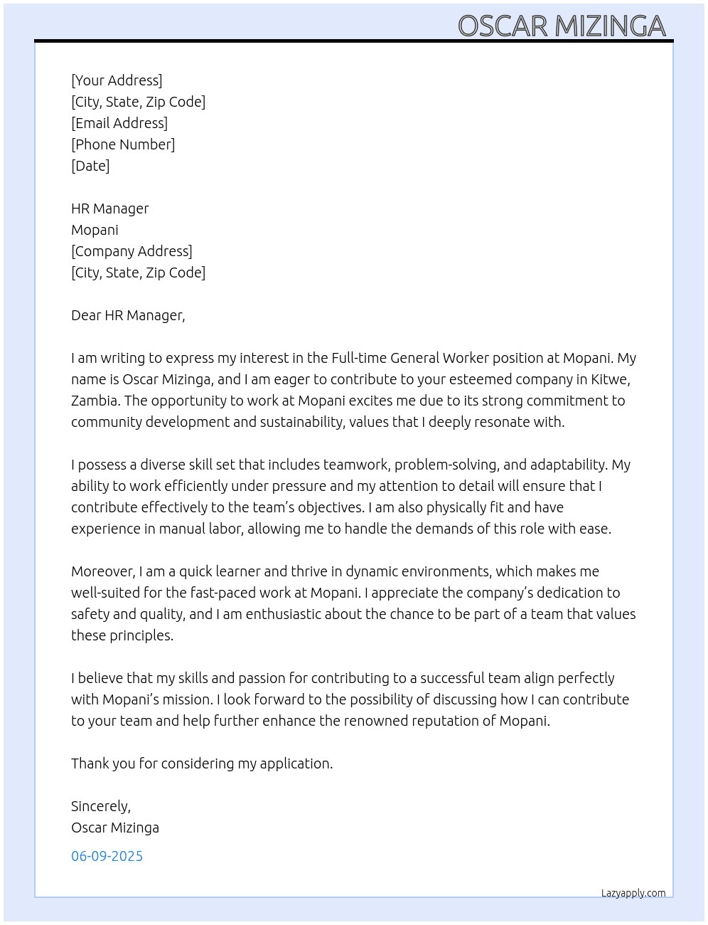 General worker At Mopani  Cover Letter