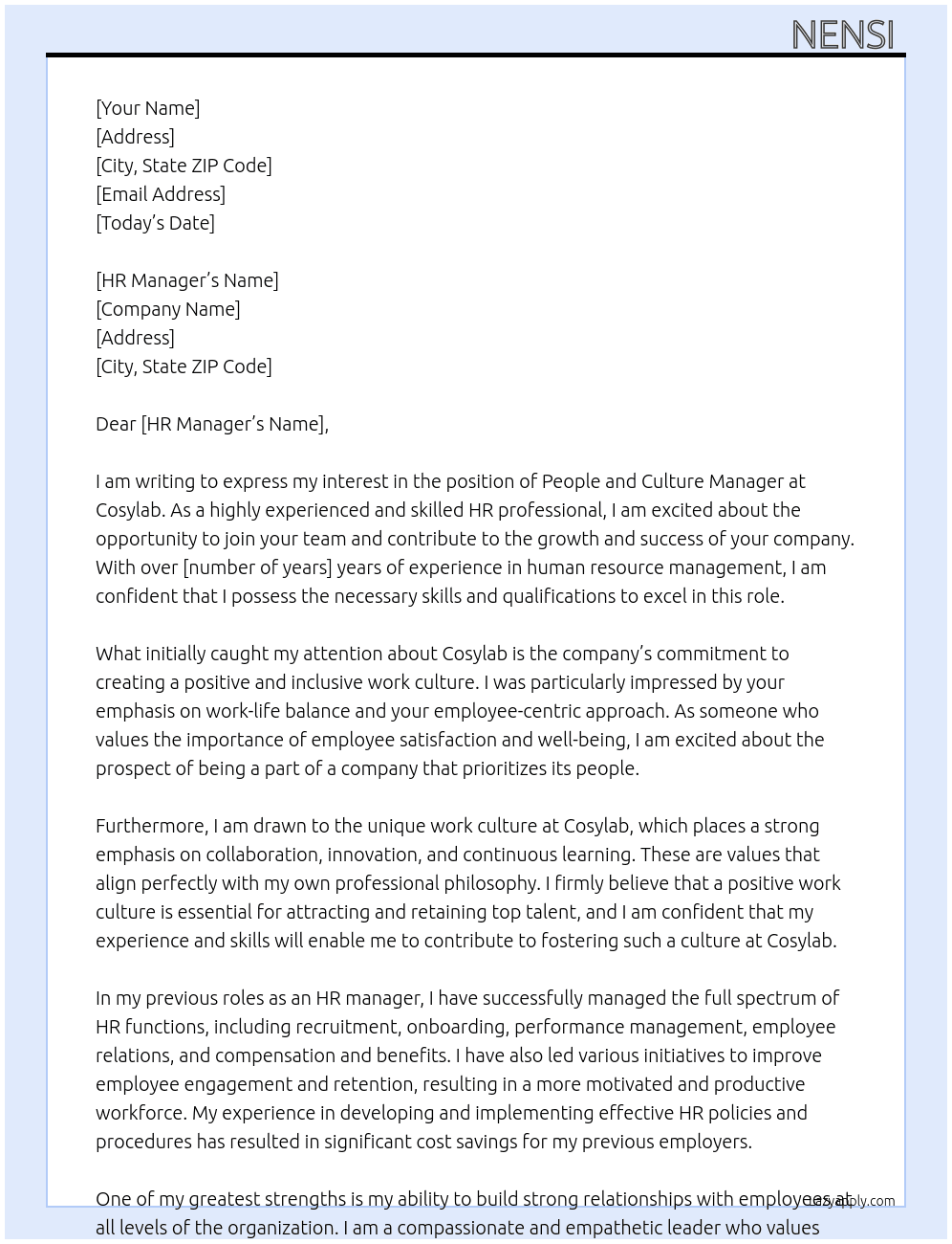 People and Culture manager At cosylab Cover Letter