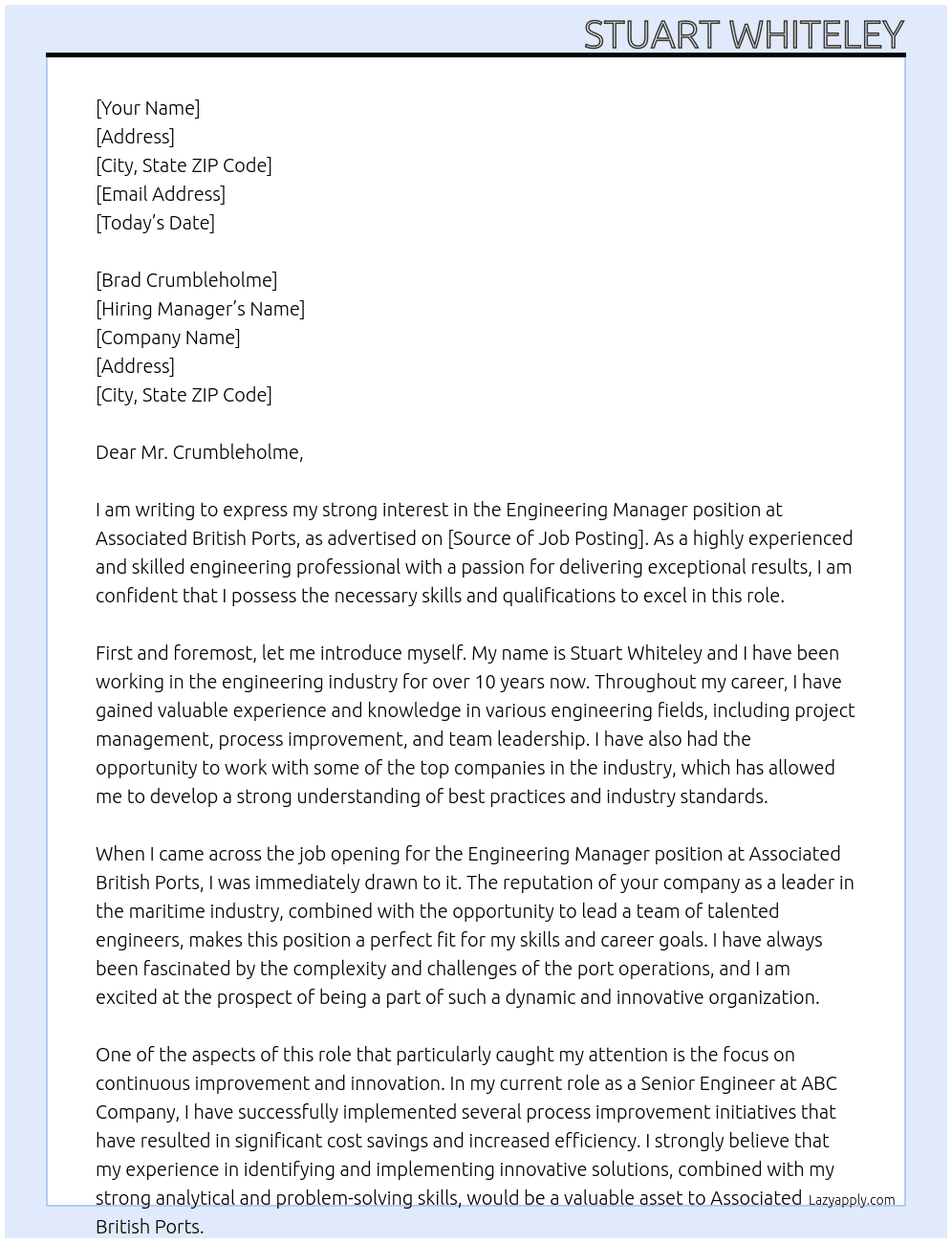 Engineering Manager At Associated British Ports Cover Letter