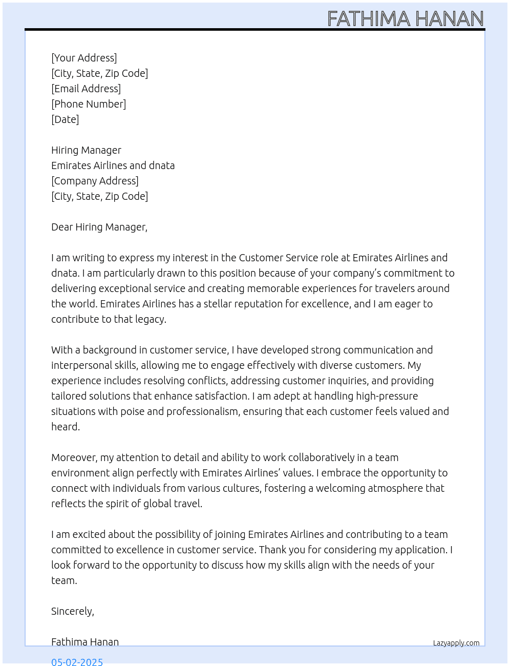 Customer service role At Emirates Airlines and dnata Cover Letter