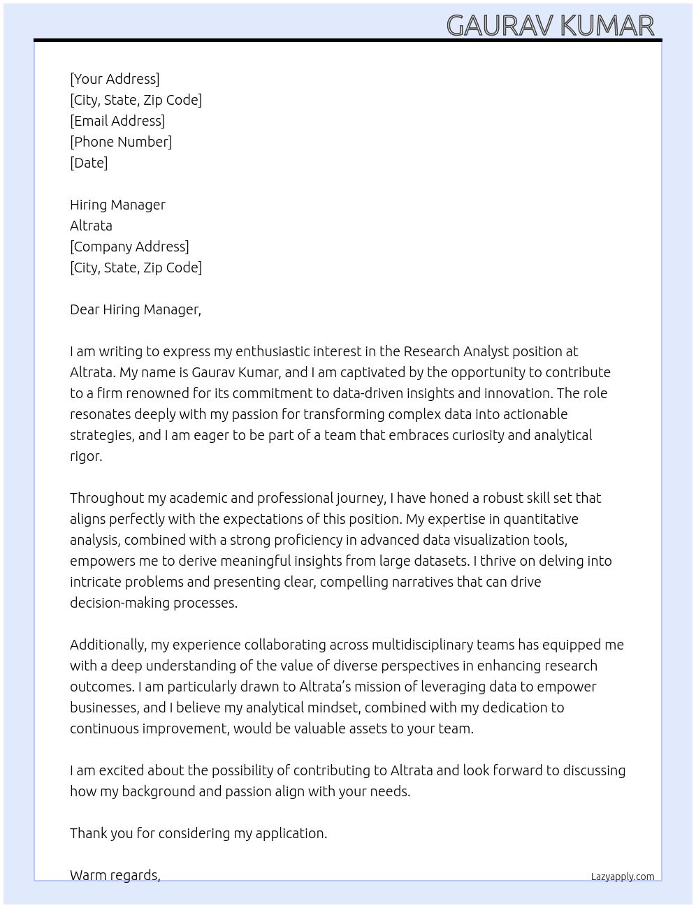 Research analyst --role  At Altrata  Cover Letter