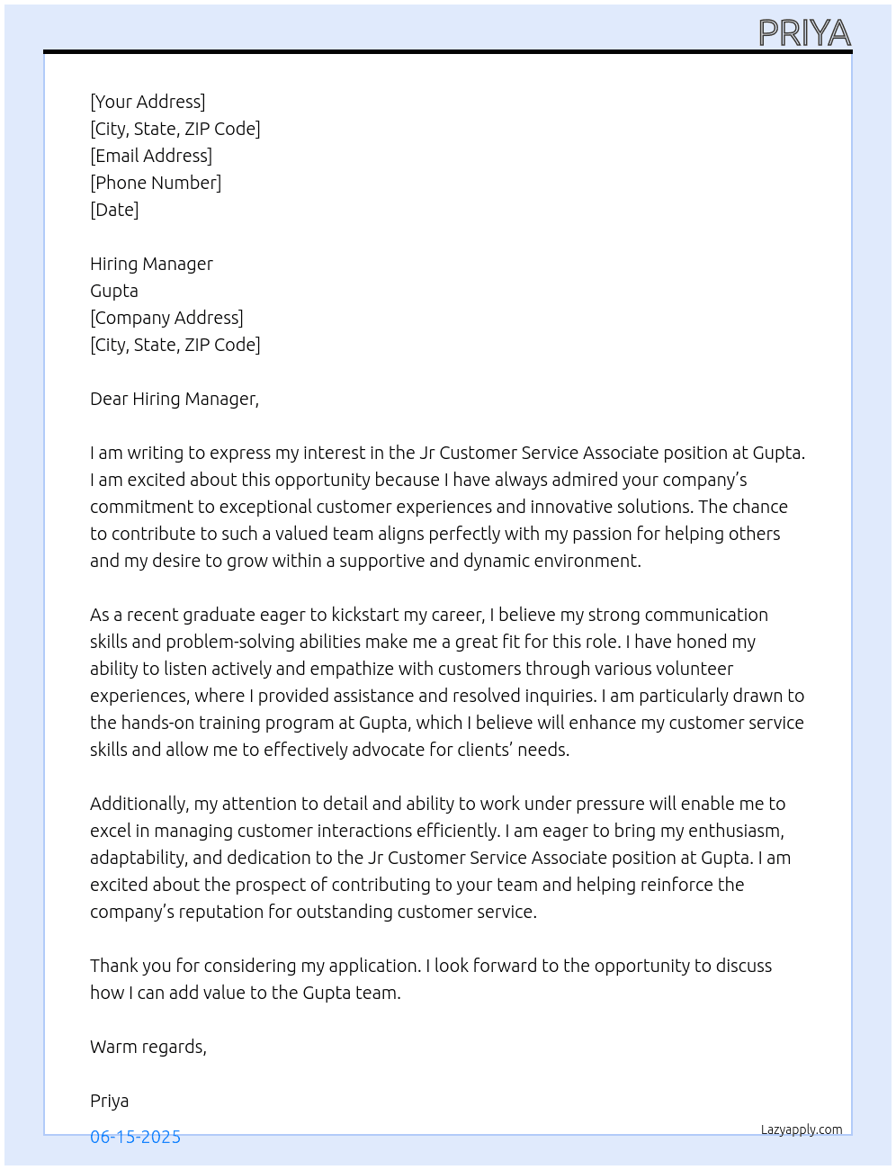 Cover letter for jr customer service associate - LazyApply