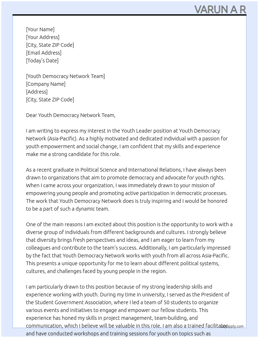 Youth Leader At Youth Democracy Network (Asia -Pacific) Cover Letter