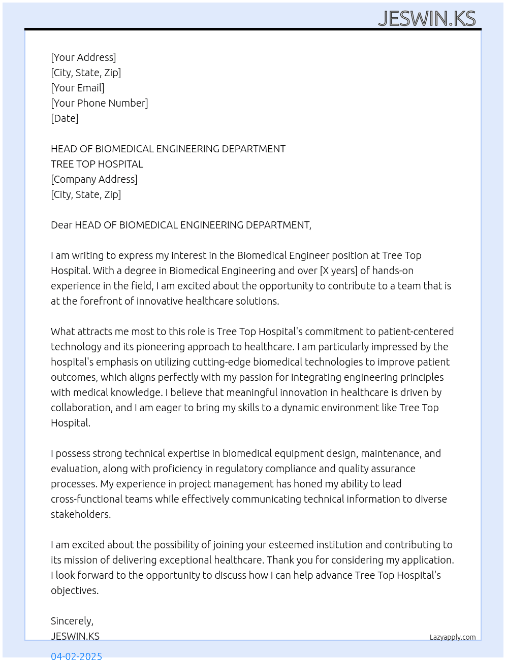 Biomedical Engineer  At TREE TOP HOSPITAL  Cover Letter