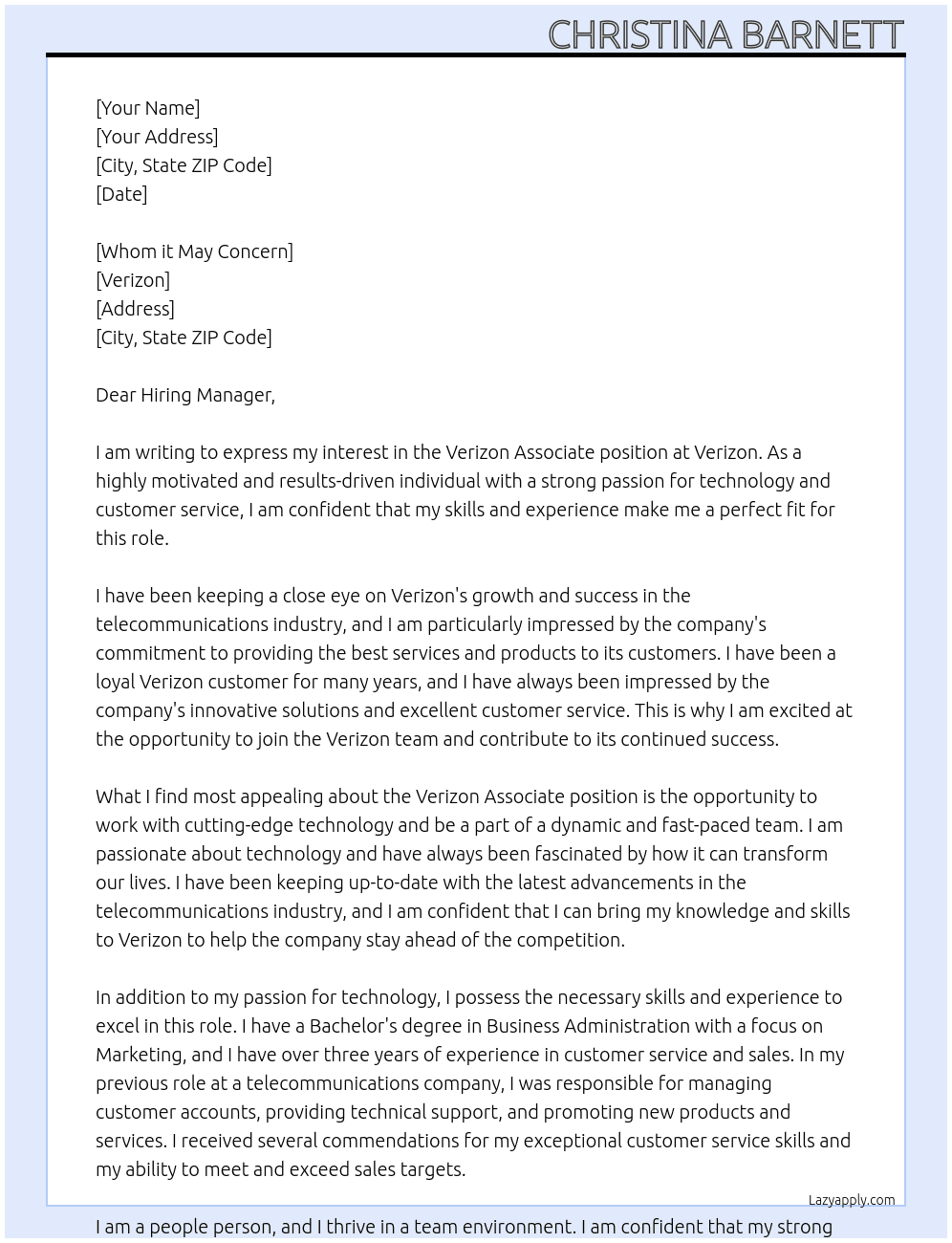Verizon Associate At Verizon Cover Letter