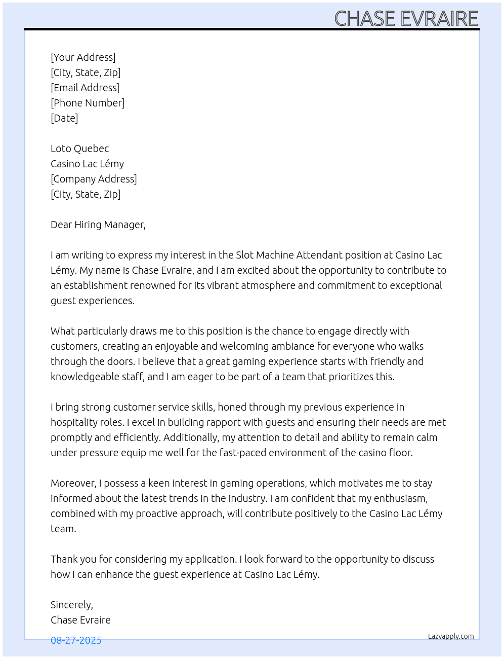 Slot machine attendant At Casino Lac Lemy Cover Letter