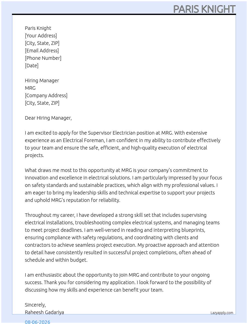 Supervisor electrician  At MRG  Cover Letter