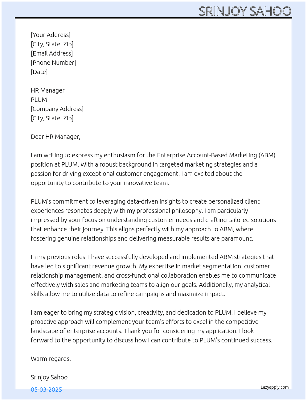 Enterprise ABM At PLUM Cover Letter