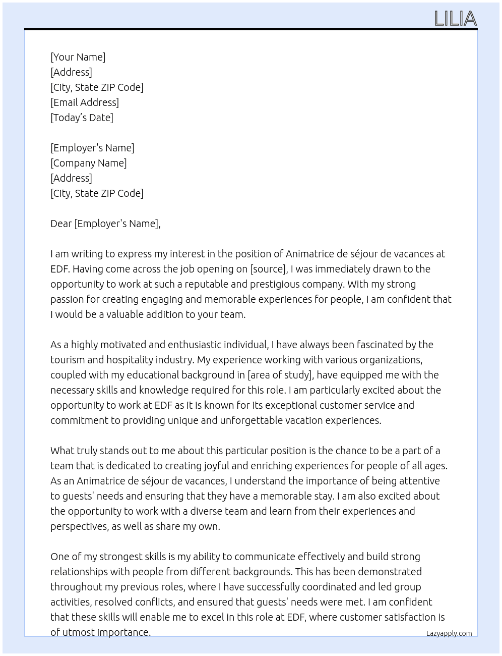 Animatrice de séjour de vacances At EDF Cover Letter