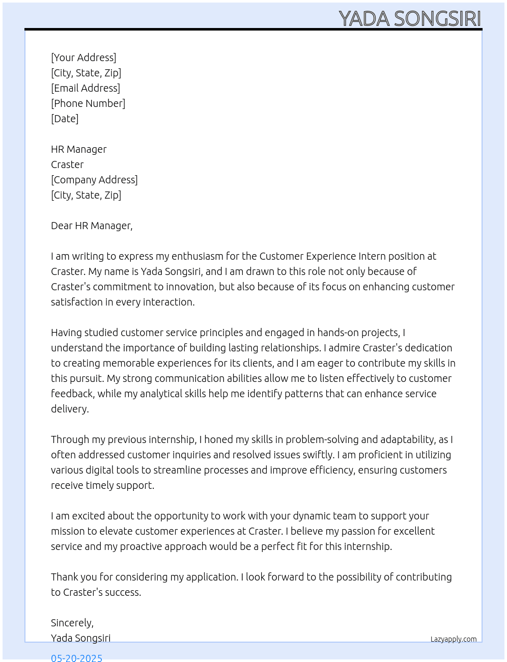 customer experience intern At Craster Cover Letter