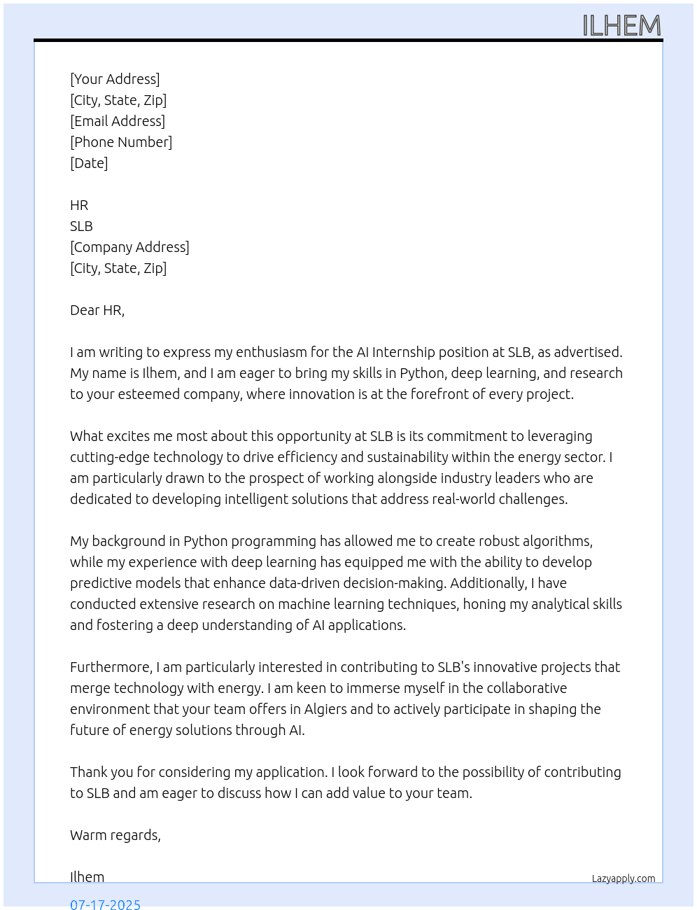 ai internship At SLB Cover Letter