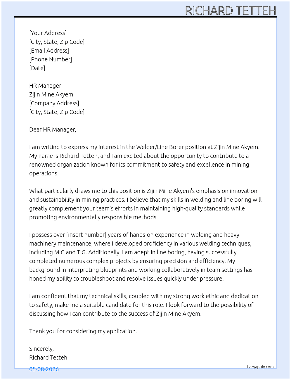 Cover letter for welder / line borer - LazyApply