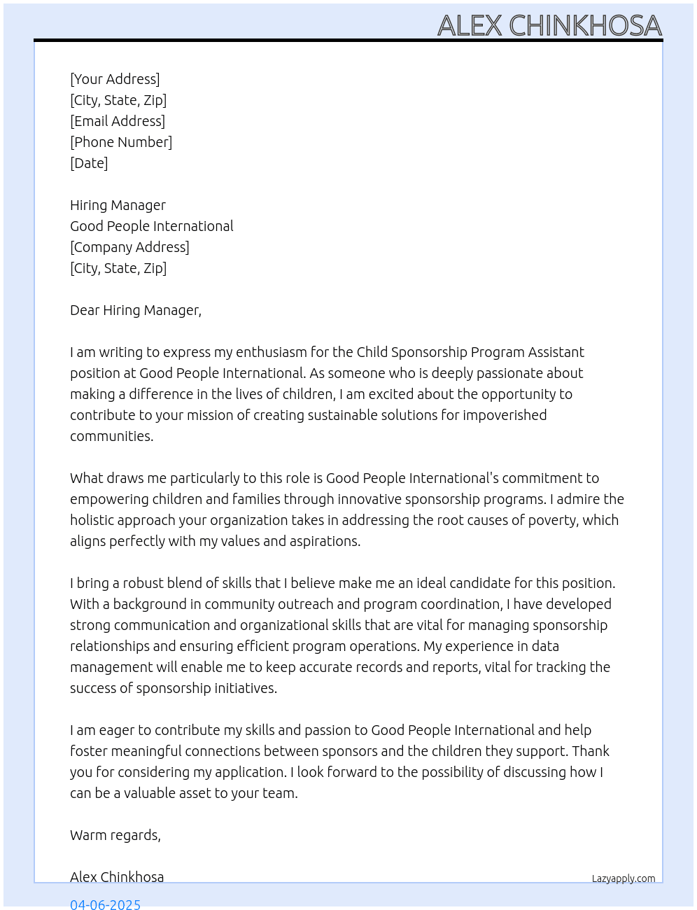 Cover letter for child sponsorship program assistant - LazyApply