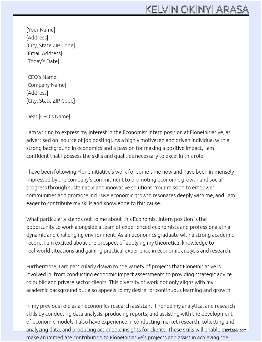 Economist intern At FloneInitiative  Cover Letter