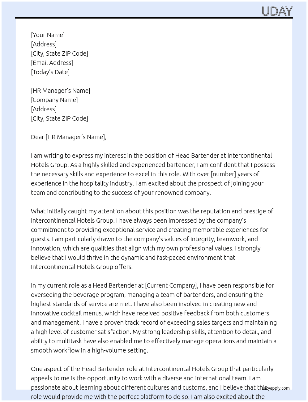 head bartender At intercontinental hotels group Cover Letter