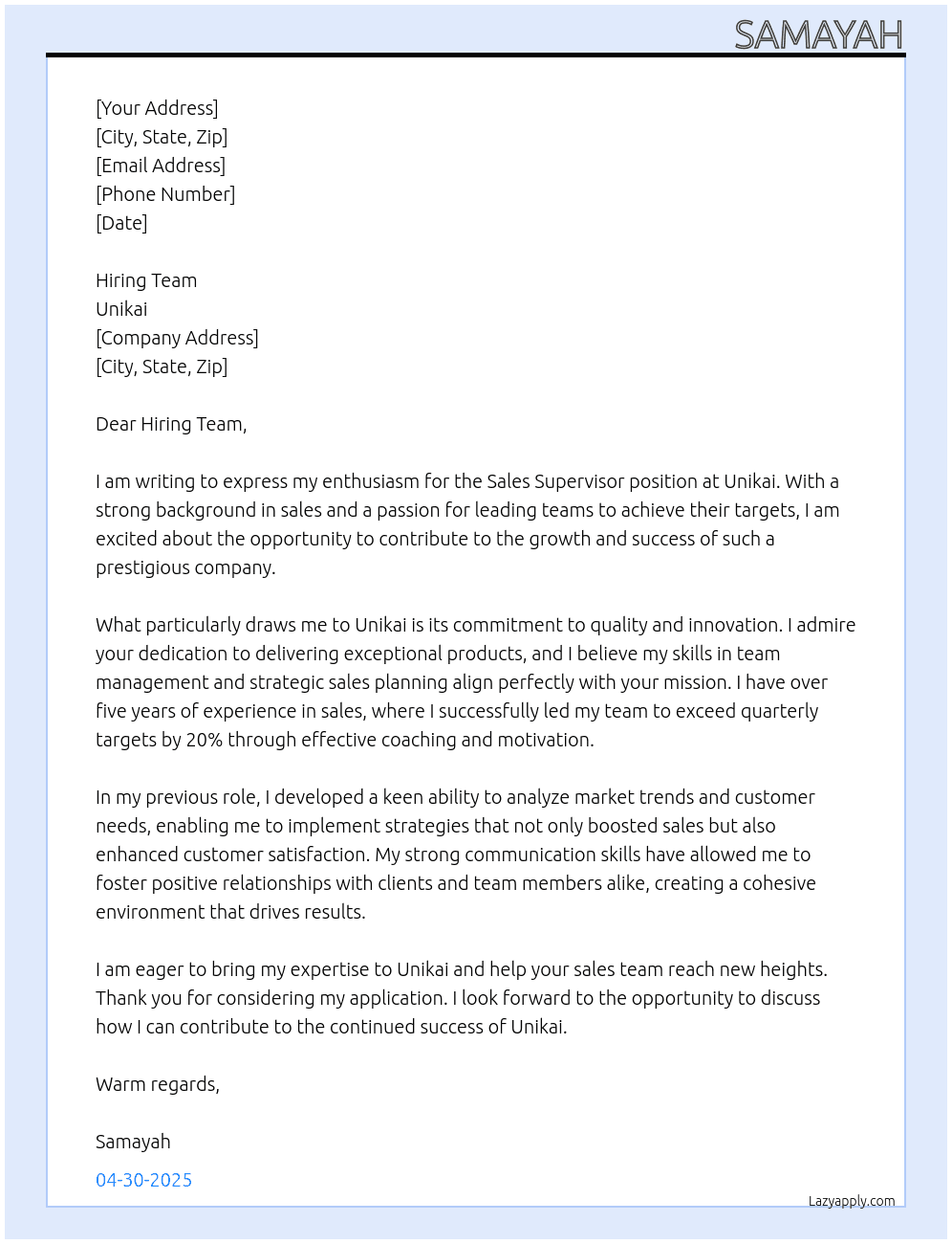 Sales supervisor At Unikai Cover Letter