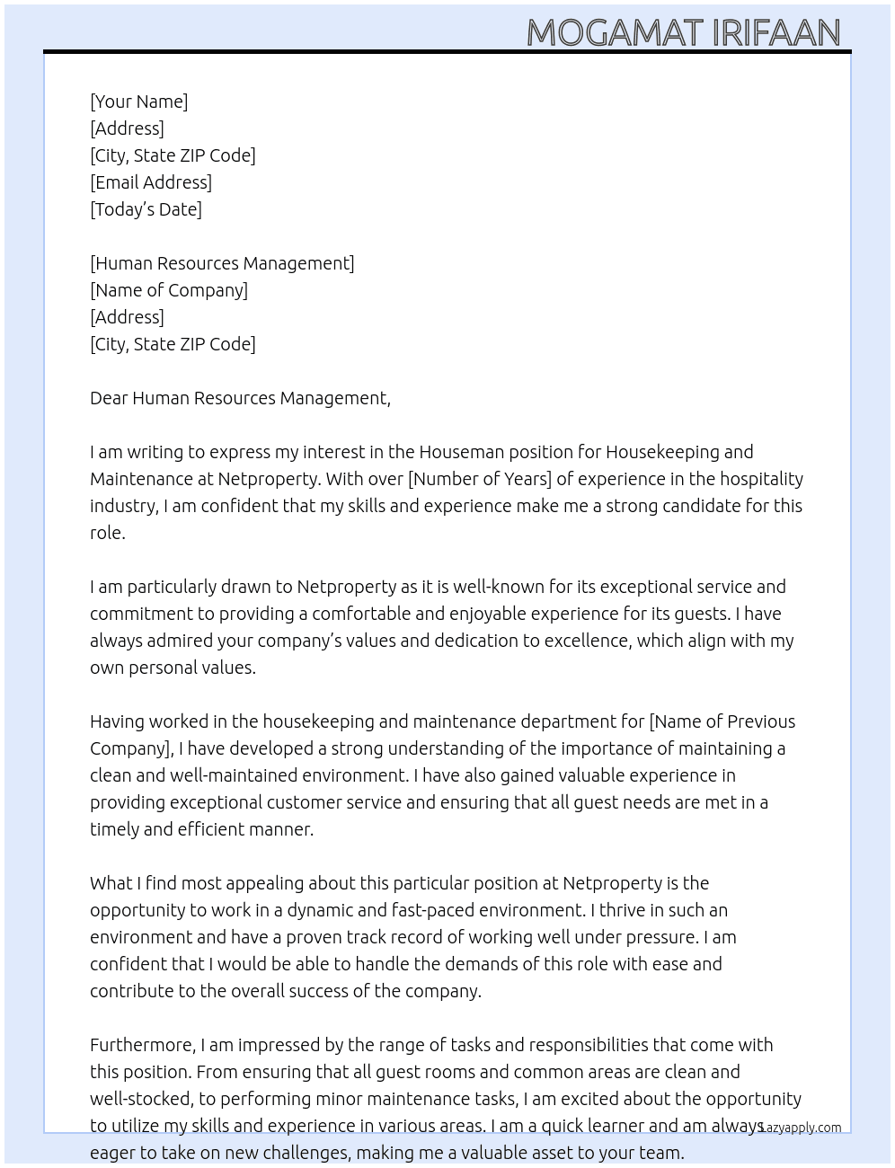 Houseman for Housekeeping and maintenance At Netproperty Cover Letter