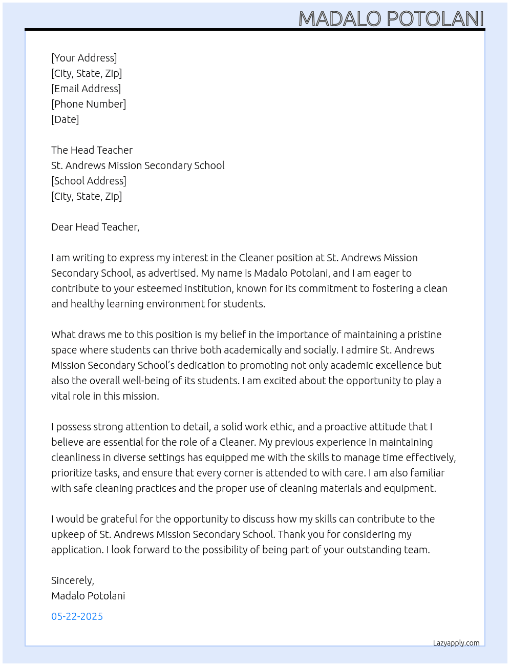 Cleaner At St. Andrews Mission SEcondary School  Cover Letter