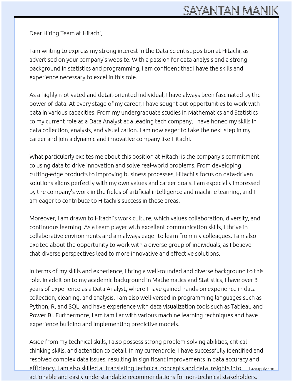 Data Scientist At Hitachi Cover Letter