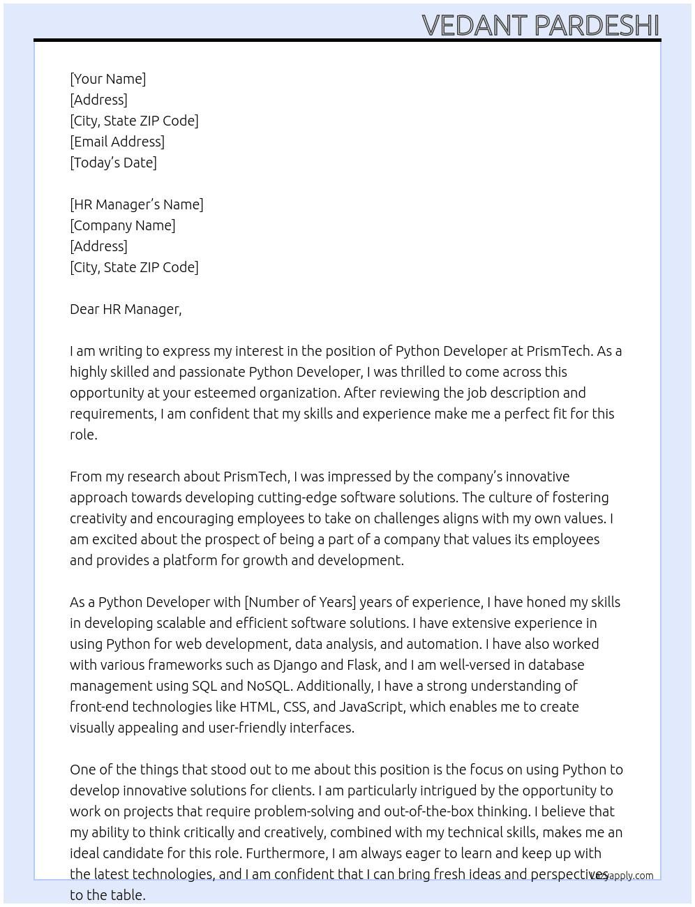 Python Developer  At PrismTech Cover Letter
