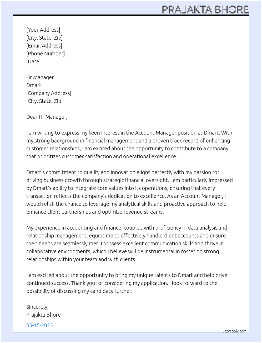 account maneger At Dmart Cover Letter