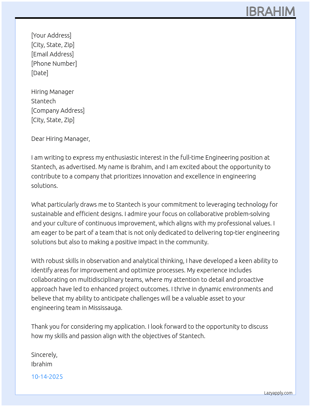 Engineering At stantech Cover Letter