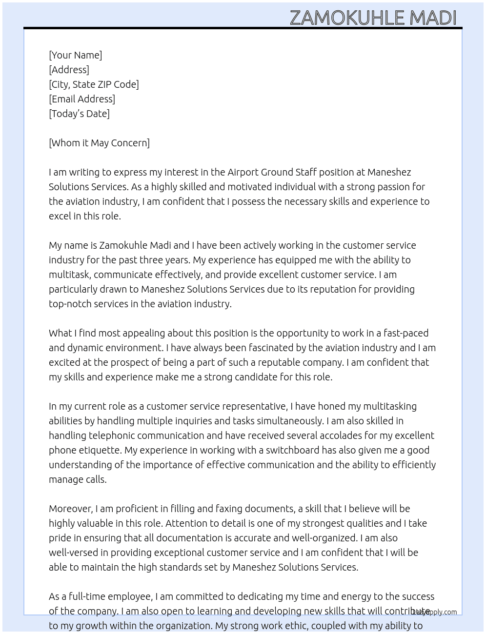Airport Ground staff  At Maneshez solutions services Cover Letter