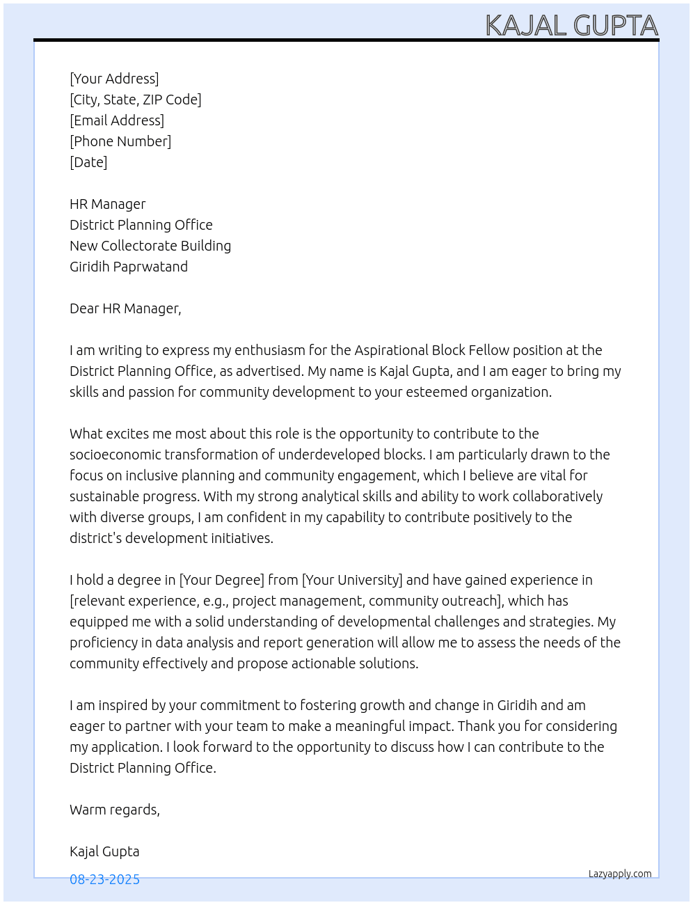 Aspirational block fellow At District planning office new collectorate building Giridih Paprwatand  Cover Letter