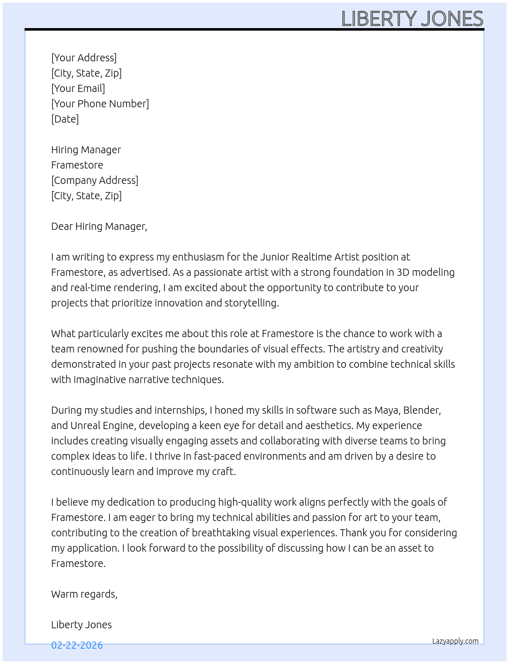 junior realtime artist At framestore Cover Letter