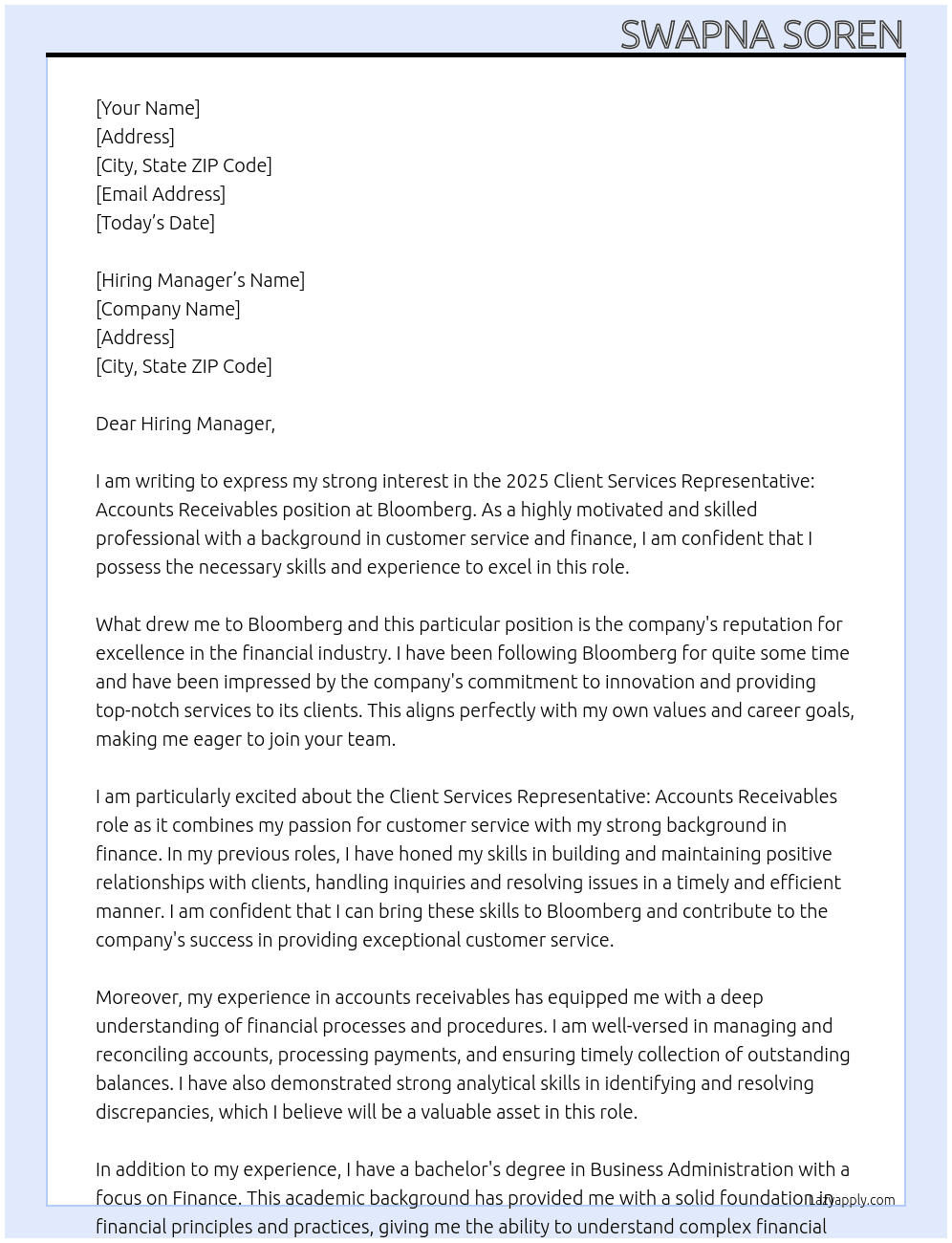 Cover letter for 2025 client services representative: accounts receivables - LazyApply