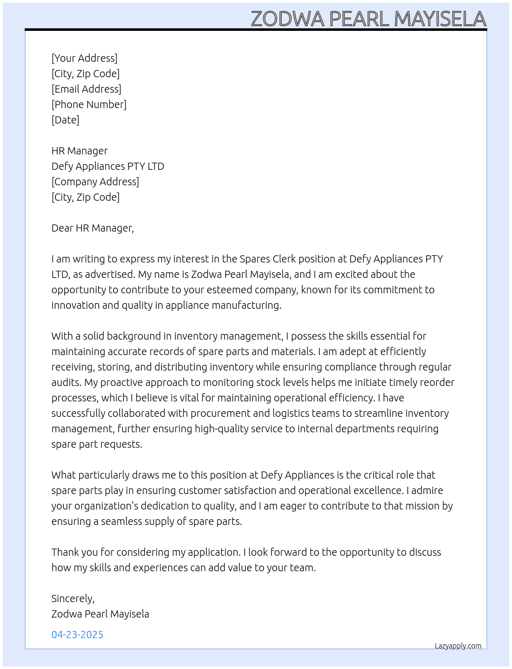 Spares Clerk At Defy Appliances PTY LTD Cover Letter