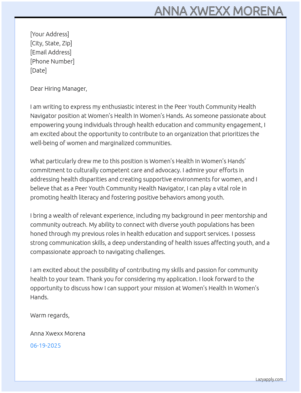 Peer Youth Community Health Navigator  At Women’s Health In Women’s Hands  Cover Letter