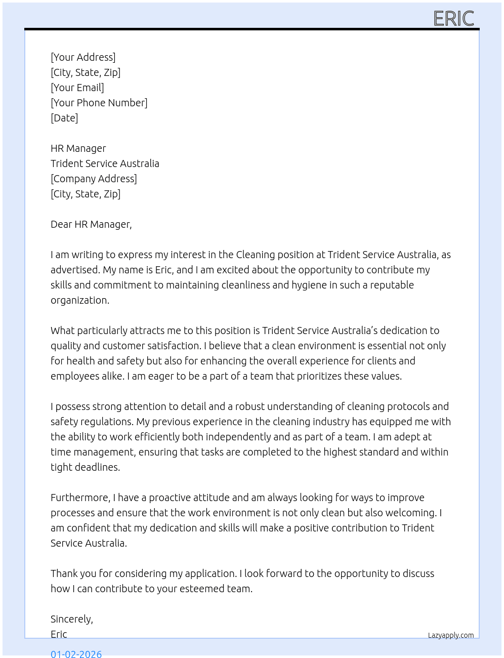 Cleaning At trident service Australia Cover Letter