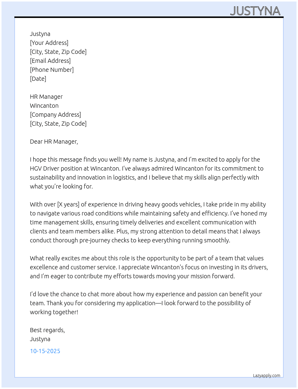 Hgv driver  At Wincanton  Cover Letter