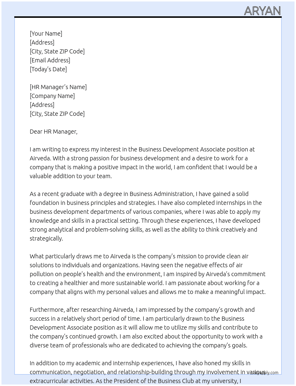 Business Development Associate At Airveda Cover Letter