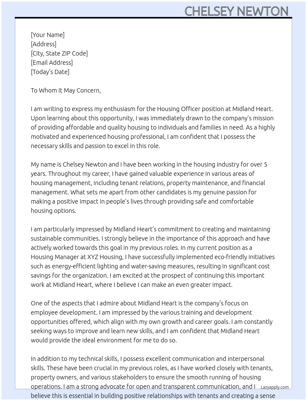 Housing officer At Midland Heart  Cover Letter