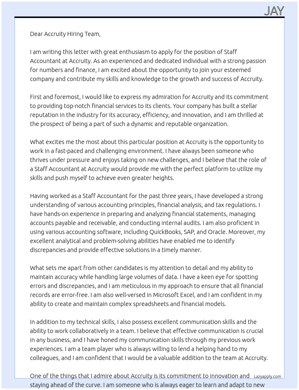 Staff Accountant At Accruity Cover Letter