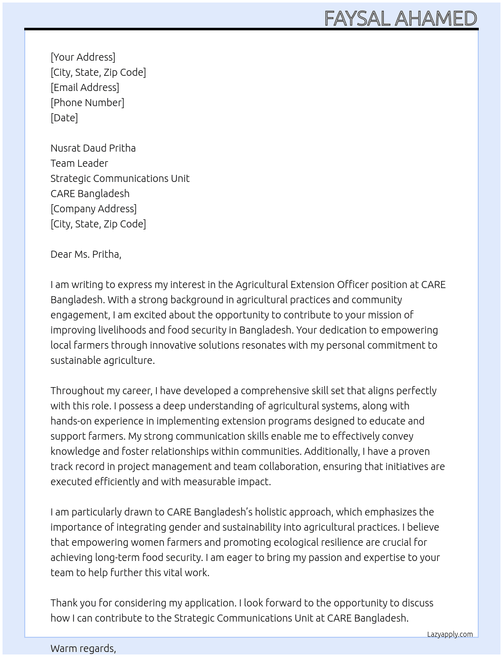  Agricultural Extension Officer At CARE Bangladesh  Cover Letter