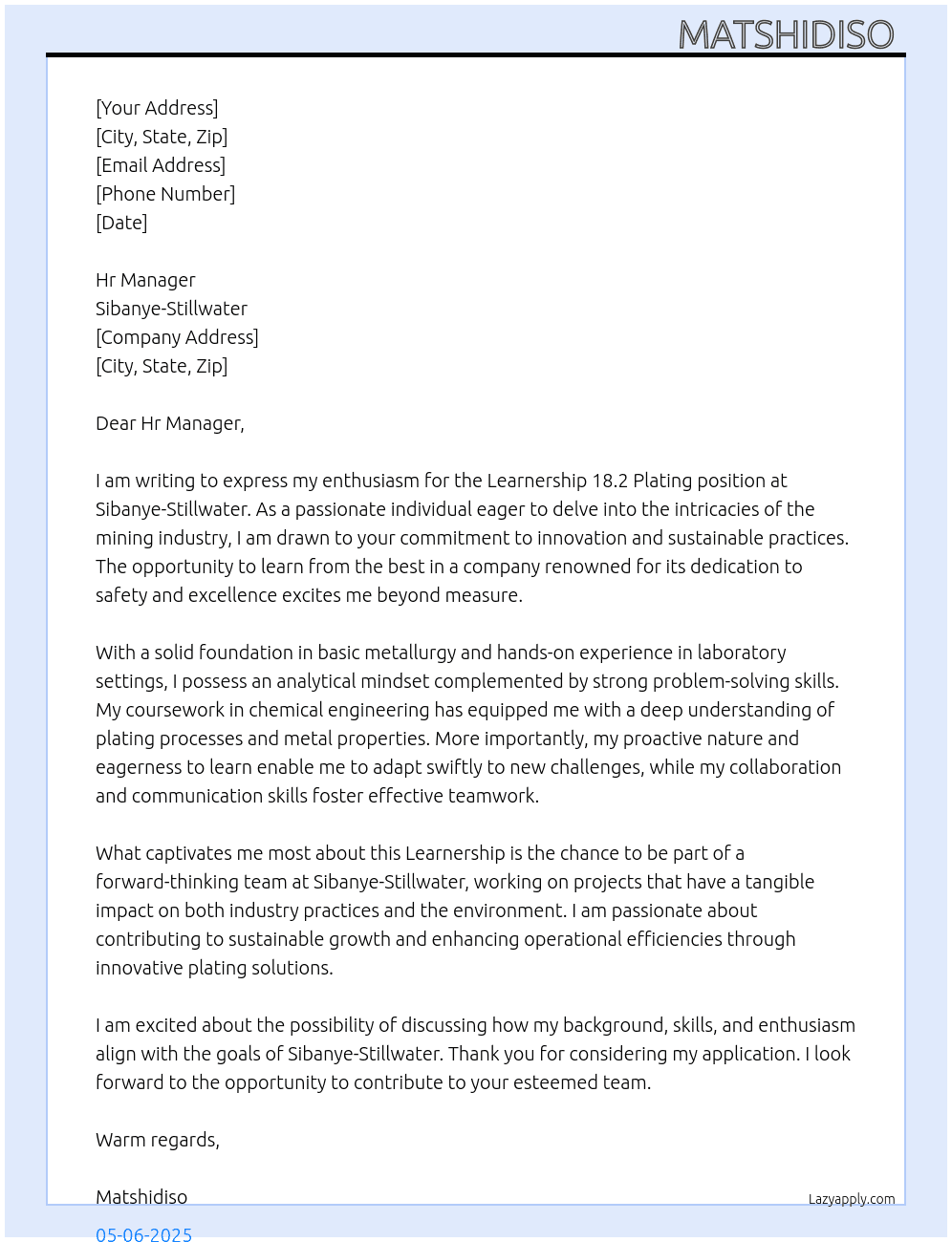 Cover letter for learnership 18.2 plating - LazyApply