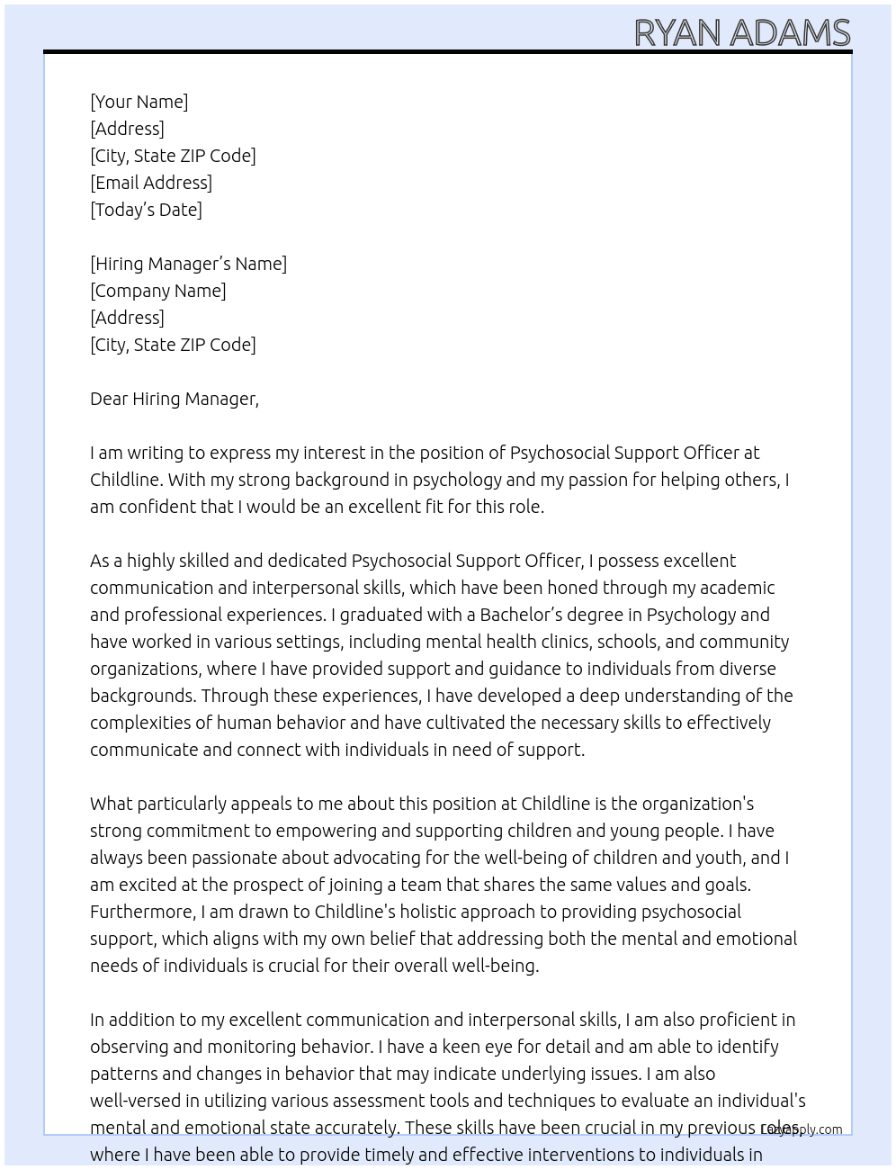 Psychosocial support officer At Childline Cover Letter