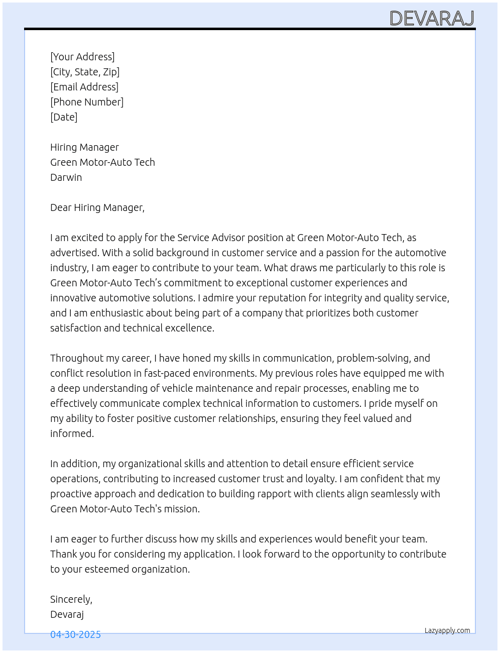 service advisor At Darwin Cover Letter
