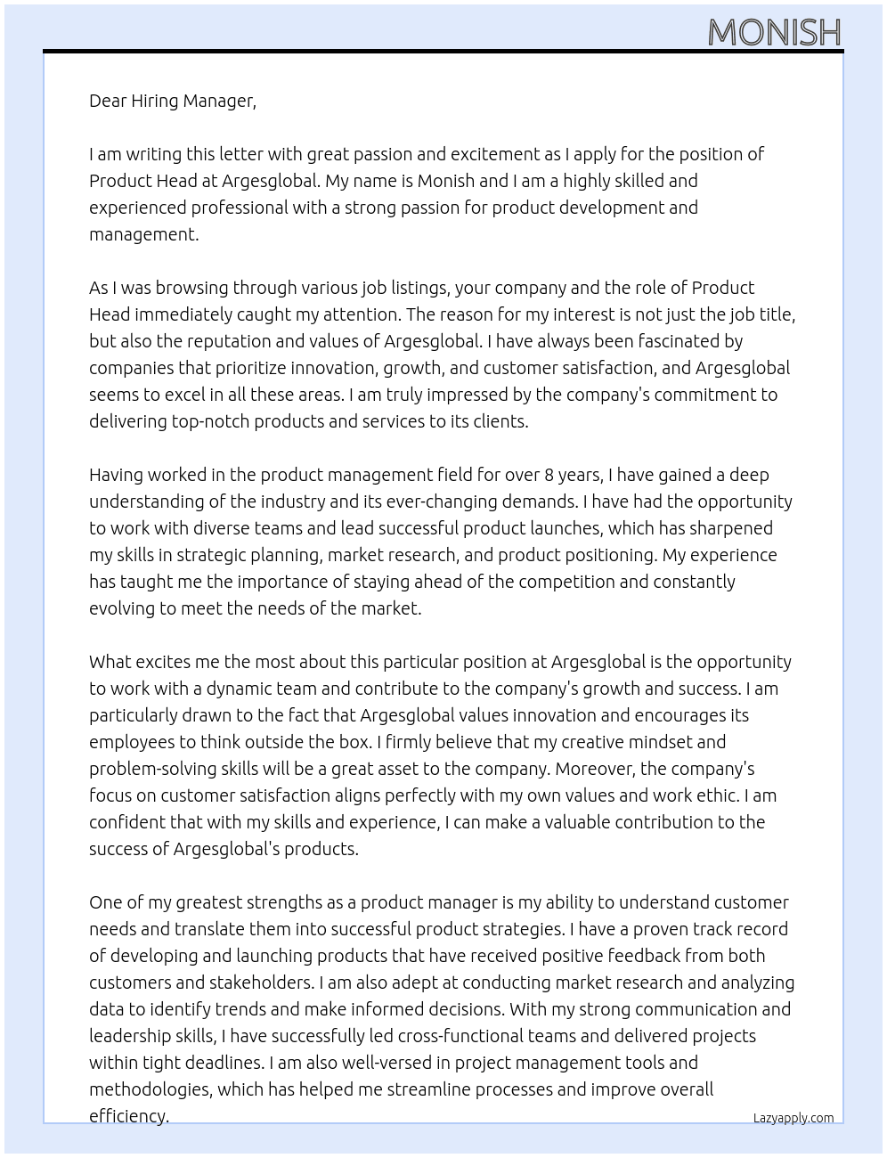 Product Head At argesglobal Cover Letter